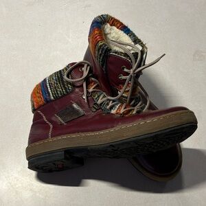 Rieker Burgundy Ankle Boots with Multicolor Knit Cuff